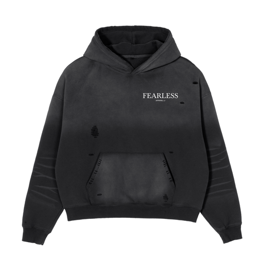 Unisex black and grey frayed sunfade boxy hoodie with "Fearless" text, featuring long sleeves and hood, from Fearless Apparel Line.