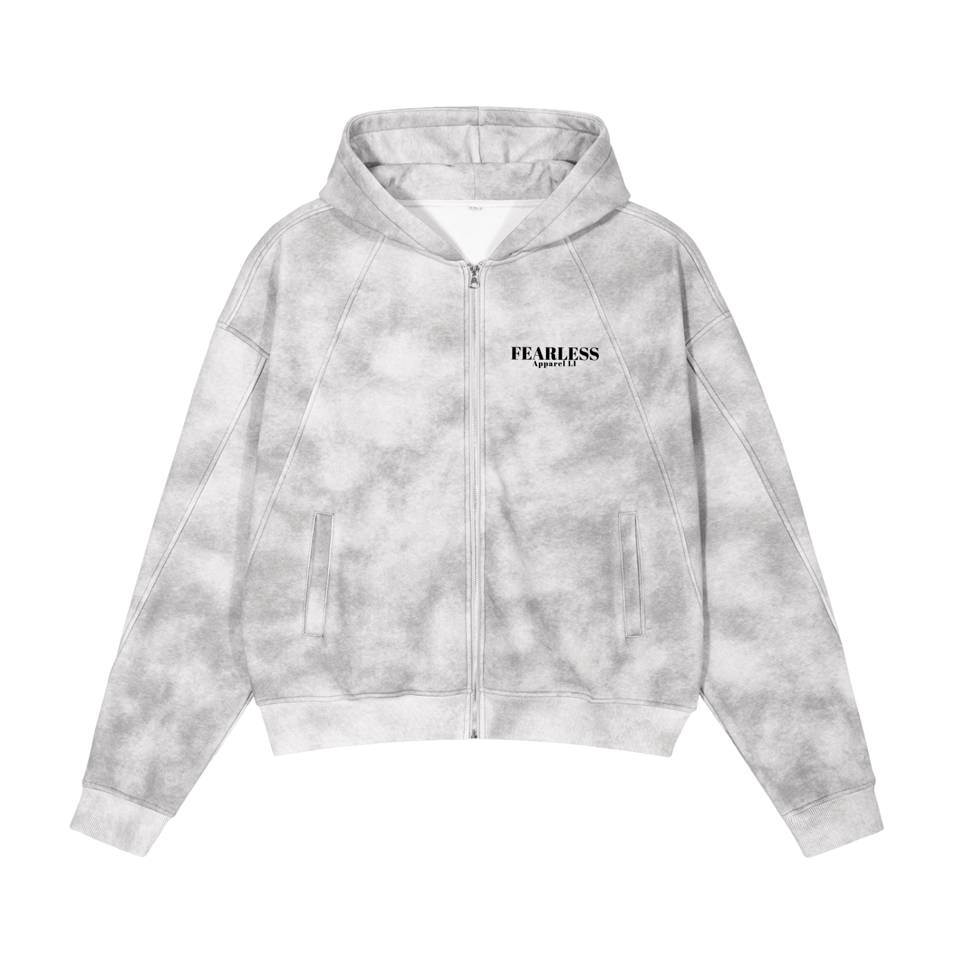 Grey unisex dirty washed boxy zip-up fleece hoodie with front pocket and hood.