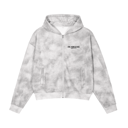 Grey unisex dirty washed boxy zip-up fleece hoodie with front pocket and hood.