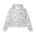 Dirty washed grey boxy zip-up fleece hoodie with front pocket and hood.