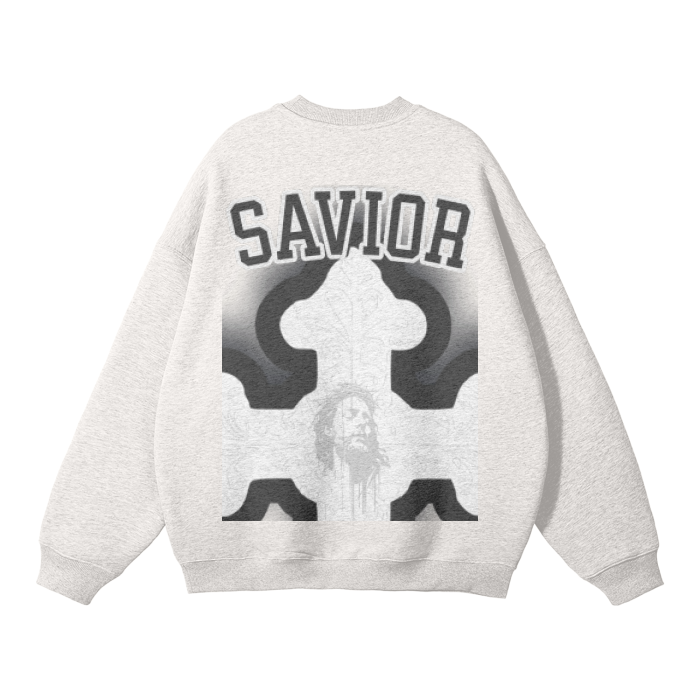 Fearless Apparel Line streetwear unisex solid color fleece pullover, back design with "Savior" text.