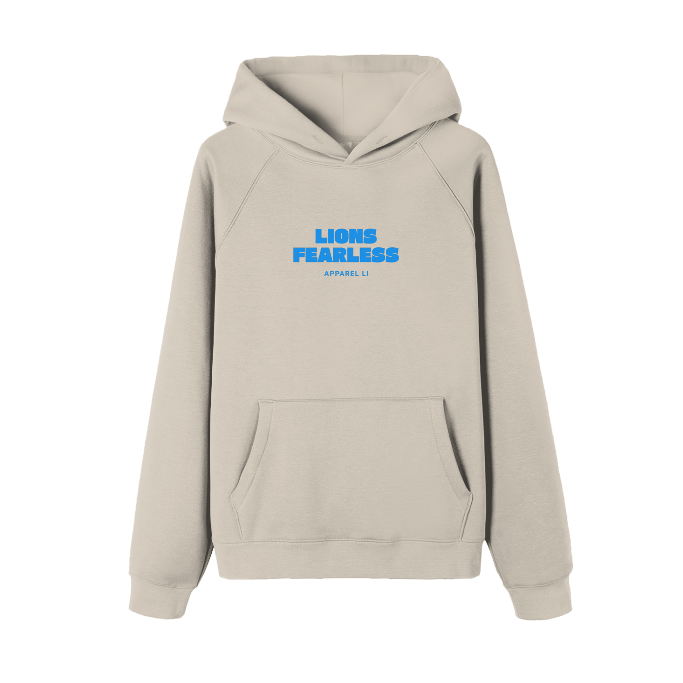 Unisex Lions Fearless Apparel Line Raglan Sleeve Hoodie in apricot with blue print.