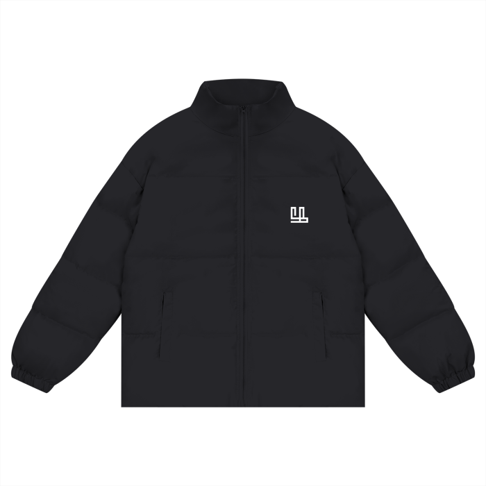 Unisex black zipper puffer coat by FearLess Apparel LI, casual outdoor winter wear.