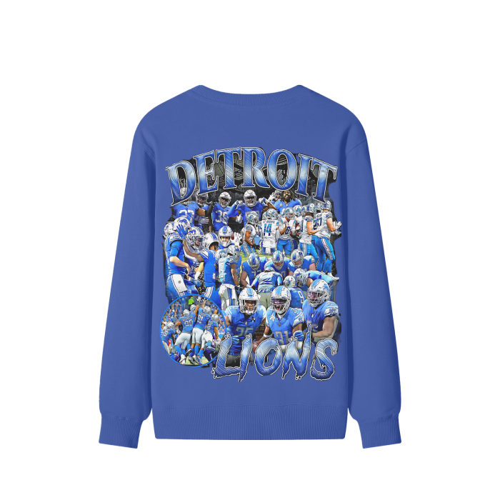 Lions FearLess Apparel Li Classic Sweater featuring Detroit Lions design on a blue background.