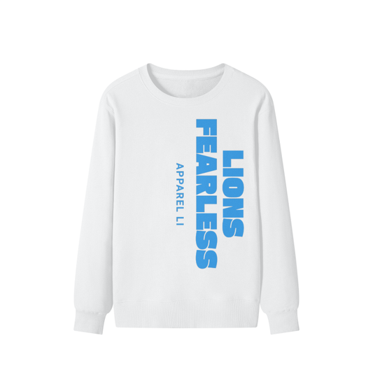 Lions FearLess Apparel Li Classic Sweater showcasing bold blue text design on a white background.