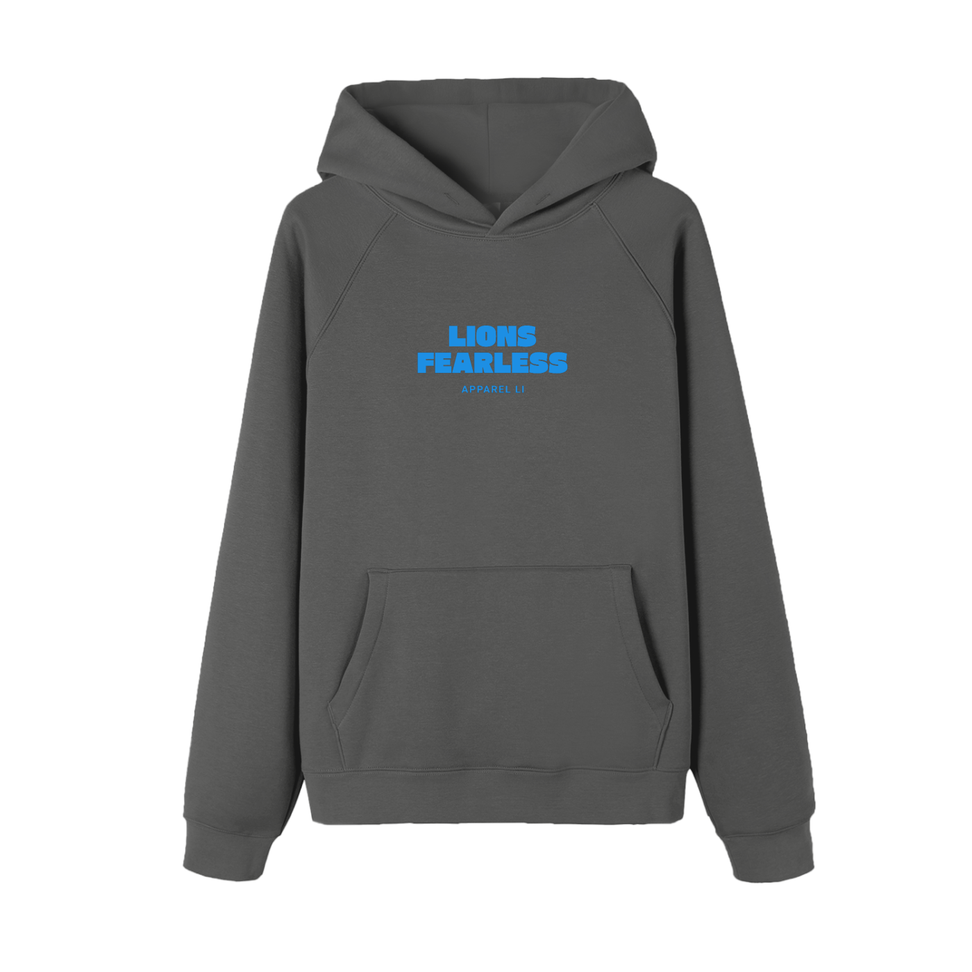 Lions Fearless Apparel Line Raglan Sleeve Hoodie in grey with front pocket and hood.