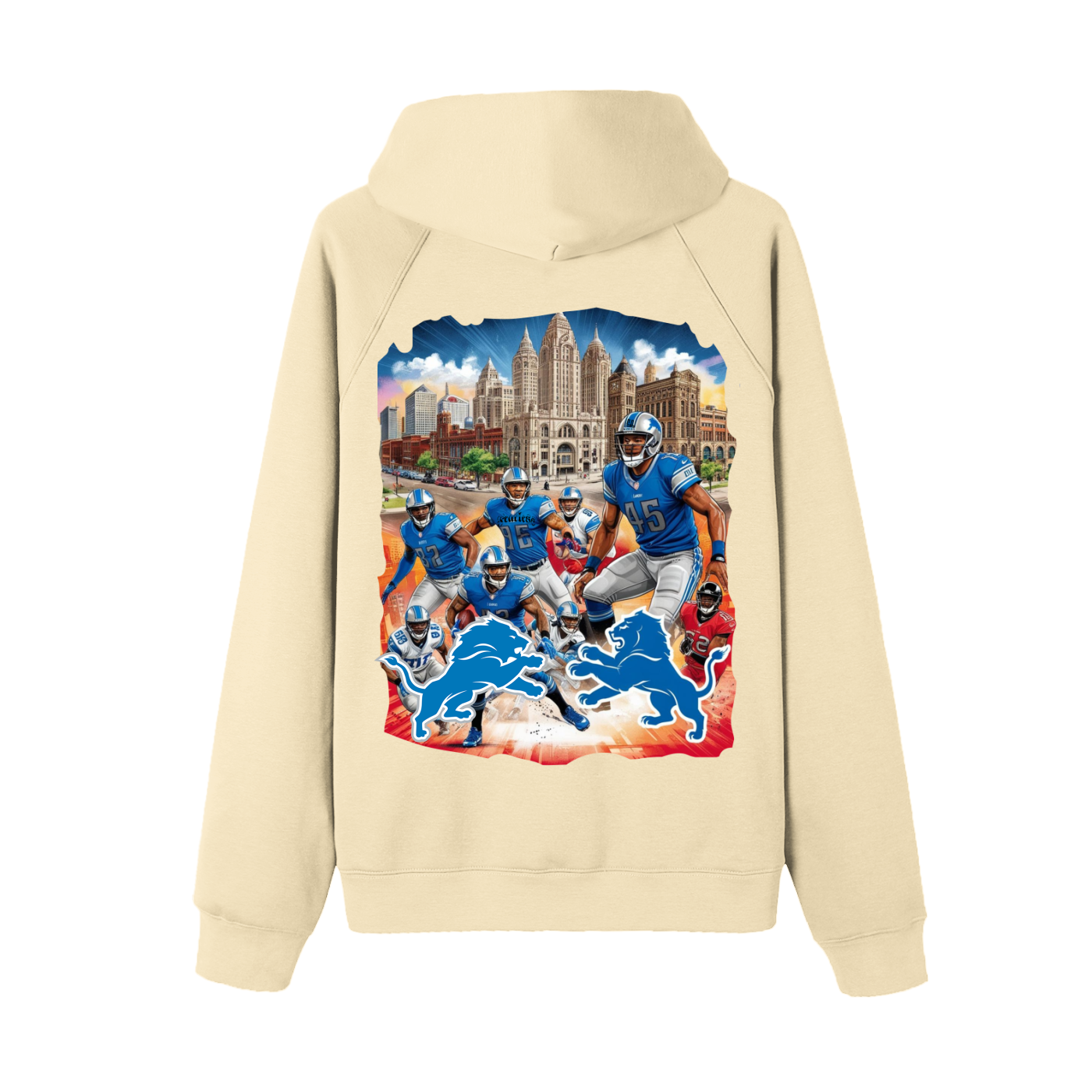 Raglan sleeve hoodie with city and sports team design, beige color, Lions Fearless Apparel Line.