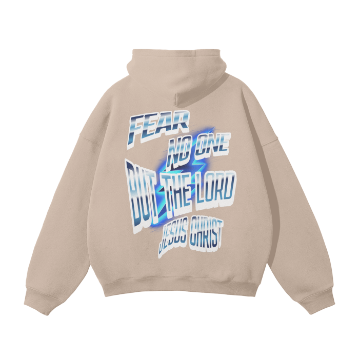 Unisex oversized fleece hoodie with bold text design on back.