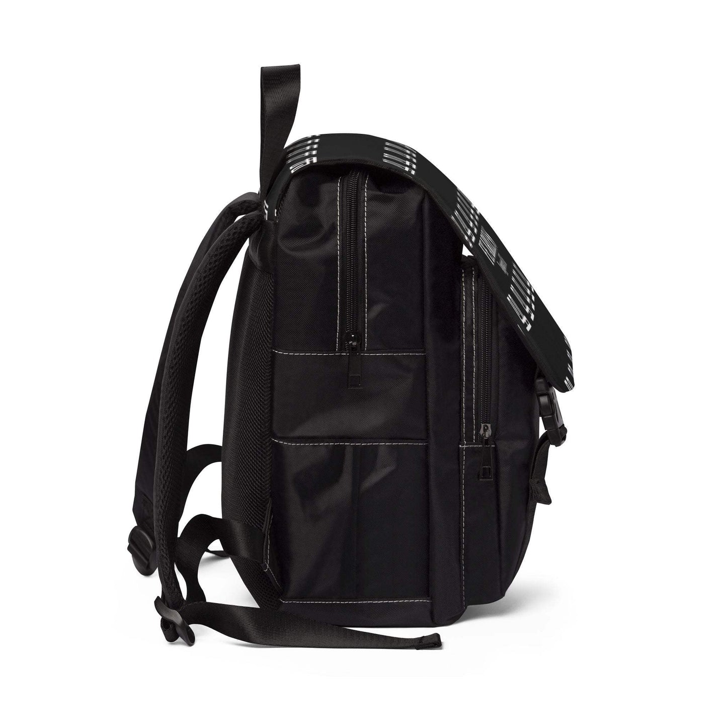 FearlessLi Casual Backpack in black Oxford fabric with side view showing compartments and adjustable straps.