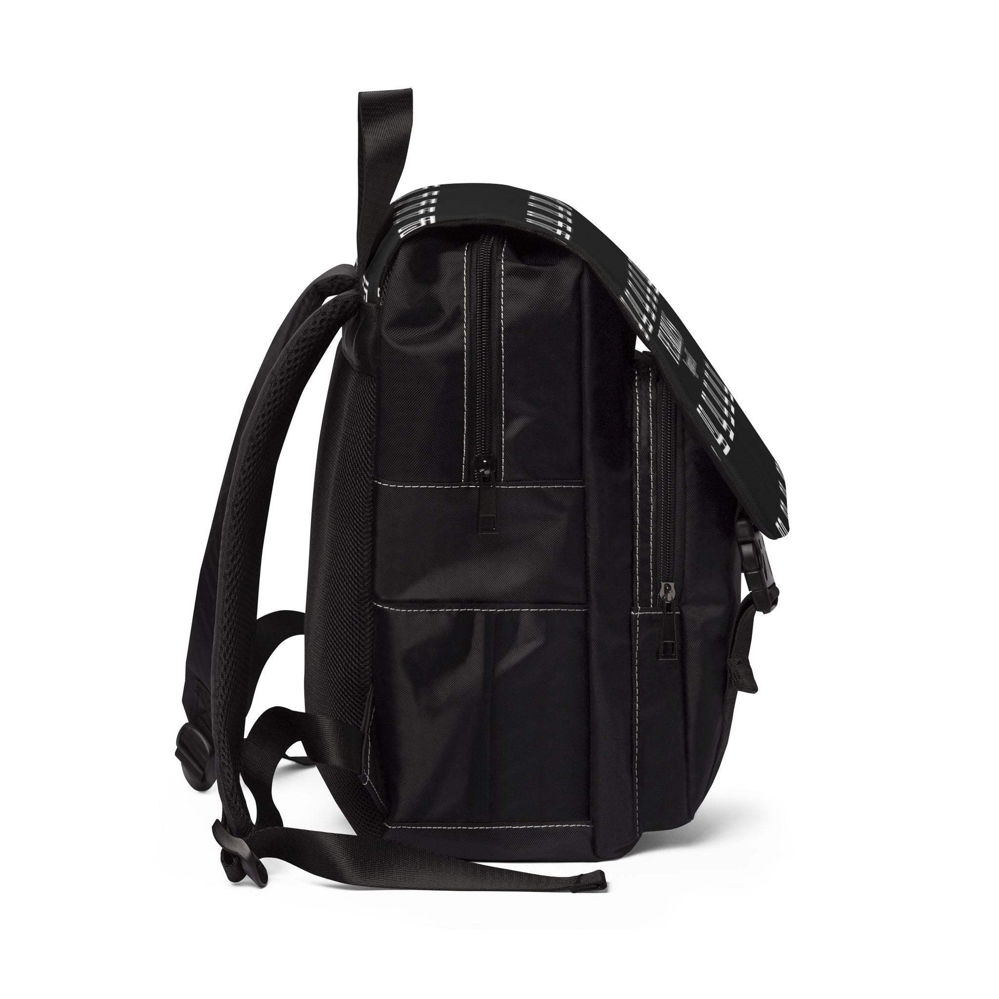 FearlessLi Casual Backpack in black Oxford fabric with side view showing compartments and adjustable straps.