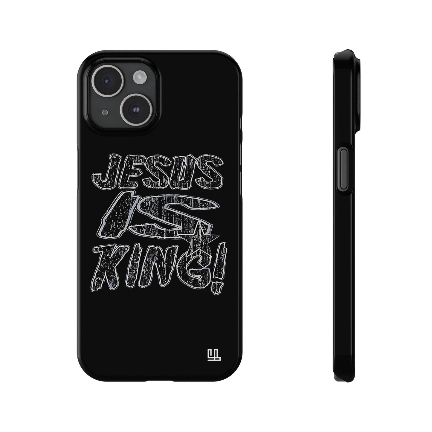 FearlessLi Slim Phone Case with "Jesus Is King" design, super-slim glossy finish, impact-resistant for iPhone 16 series.