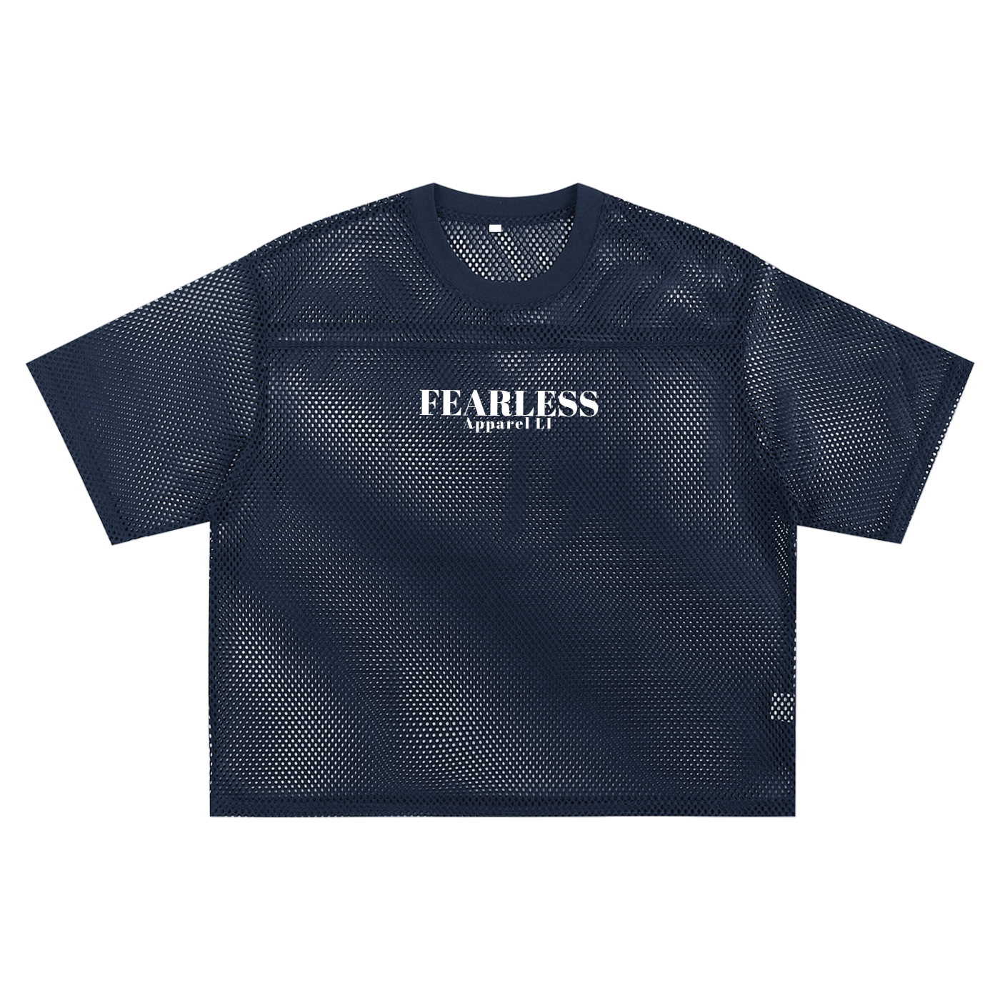 Unisex Fearless Apparel Line Taped Mesh Boxy T-shirt, navy color, streetwear style.