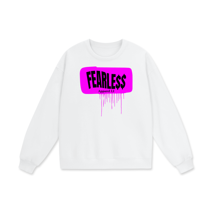 FearLessLI Apparel Li white sweatshirt with bold pink logo.