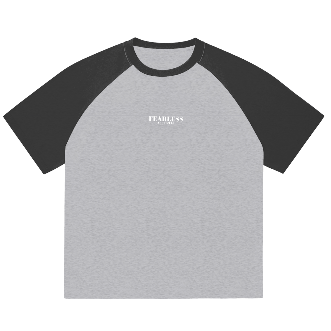 Fearless Apparel Line Color-Blocked Raglan Sleeve T-shirt, unisex, gray body with black sleeves, round neck.