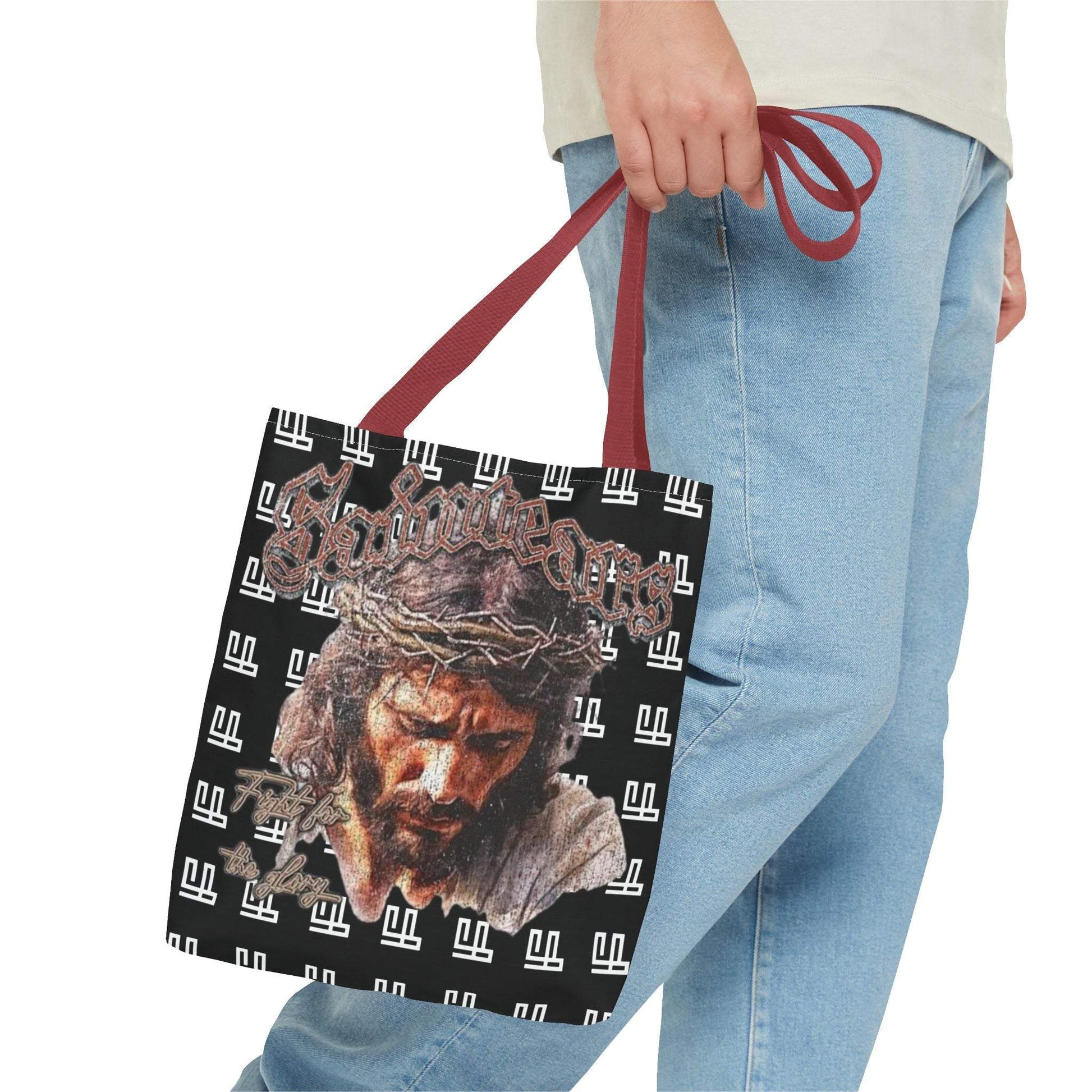 FearLessLi Tote Bag with unique design, featuring durable polyester body and red handles, carried by person.