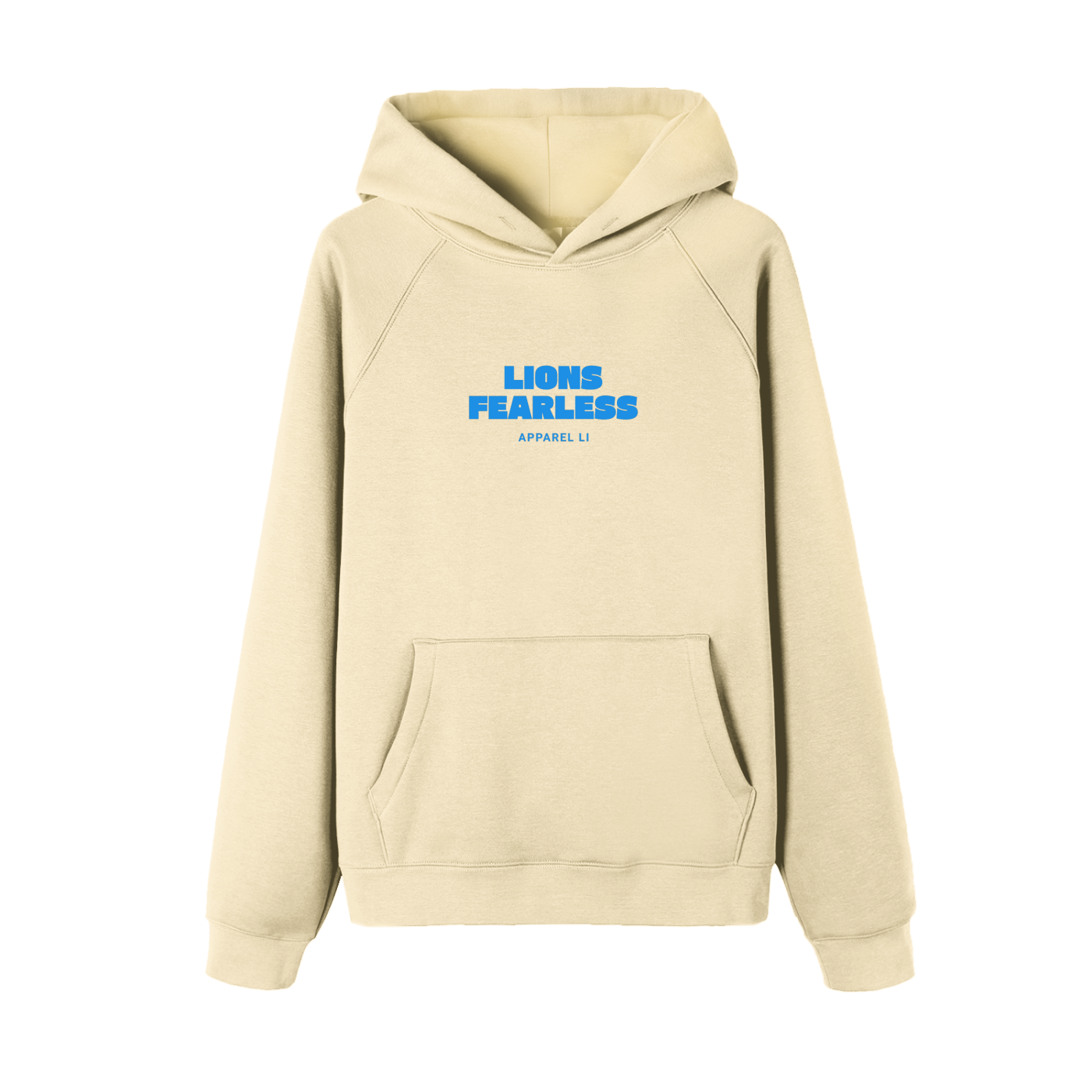 Unisex apricot hoodie with "Lions Fearless Apparel Line" print, raglan sleeves, and front pocket.