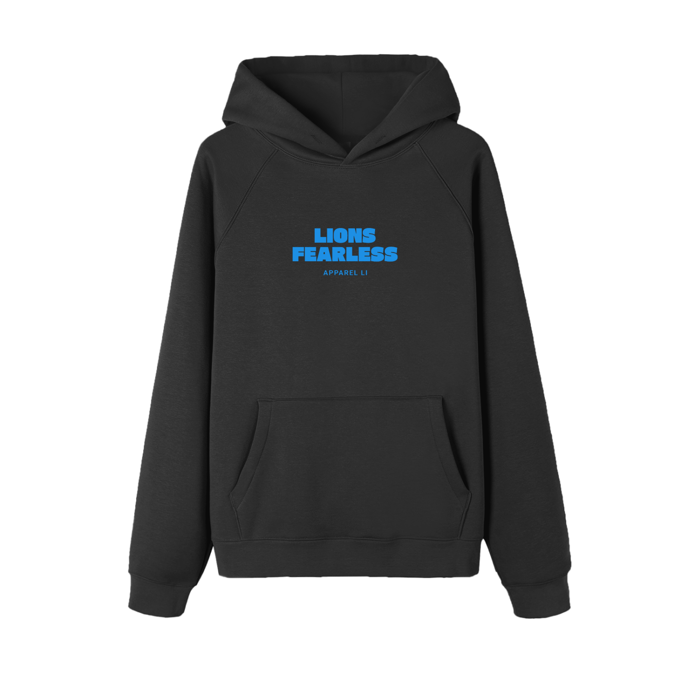 Black Lions Fearless Apparel Line Raglan Sleeve Hoodie with blue logo.