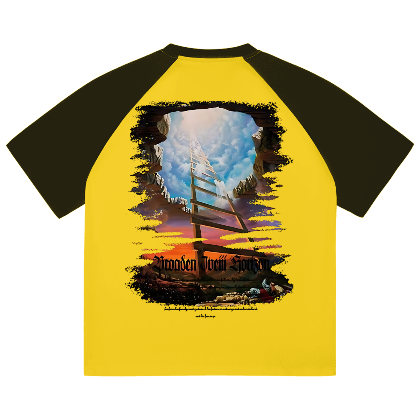 Fearless Apparel Line Color-Blocked Raglan Sleeve T-shirt, unisex, yellow and black color, featuring a unique print design on the back.