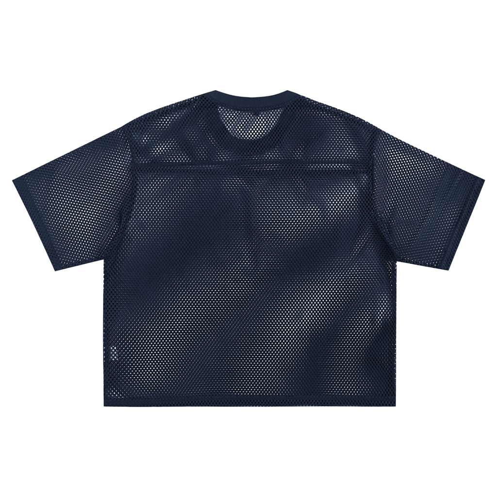 Unisex streetwear mesh boxy T-shirt in blue from Fearless Apparel Line showcasing a taped design.