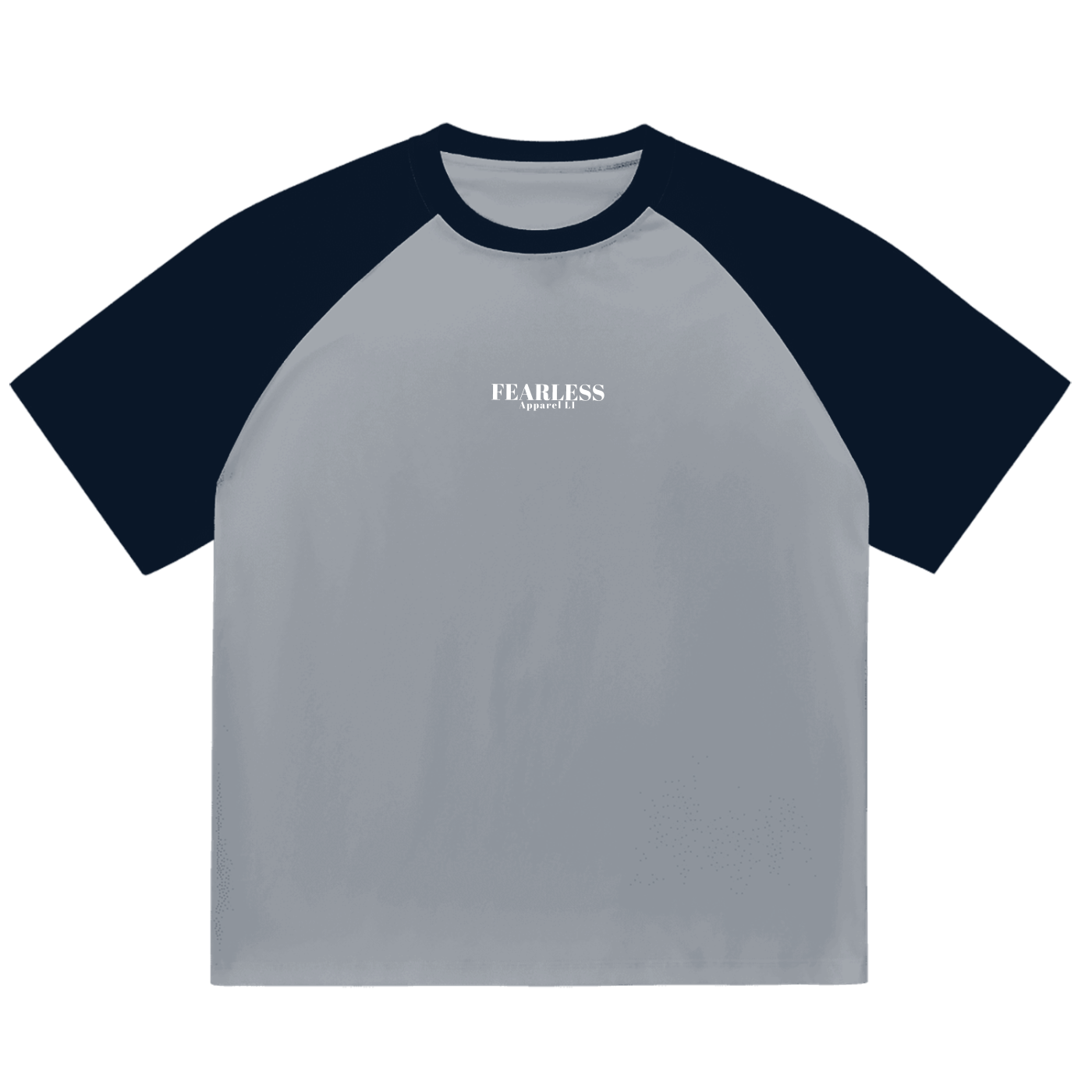 Fearless Apparel Line color-blocked raglan sleeve t-shirt, unisex style, blue and gray design.