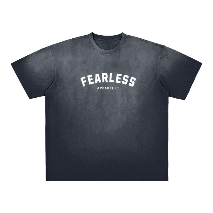 FearLessLI FearNoOneButTheLord vintage washed t-shirt with frayed edges, black color, front view.