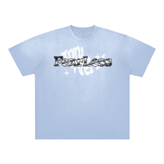 FearLessLI Pluto motivational t-shirt in light blue with bold text.