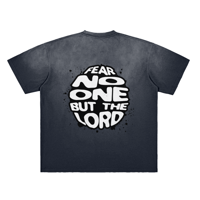 FearLessLI t-shirt with vintage design and "Fear No One But The Lord" print.