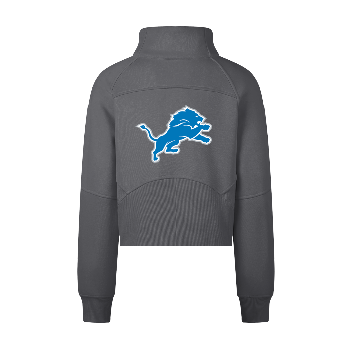 Detroit Lions FearlessLI Cropped Half-Zip Hoodie with team logo on back.