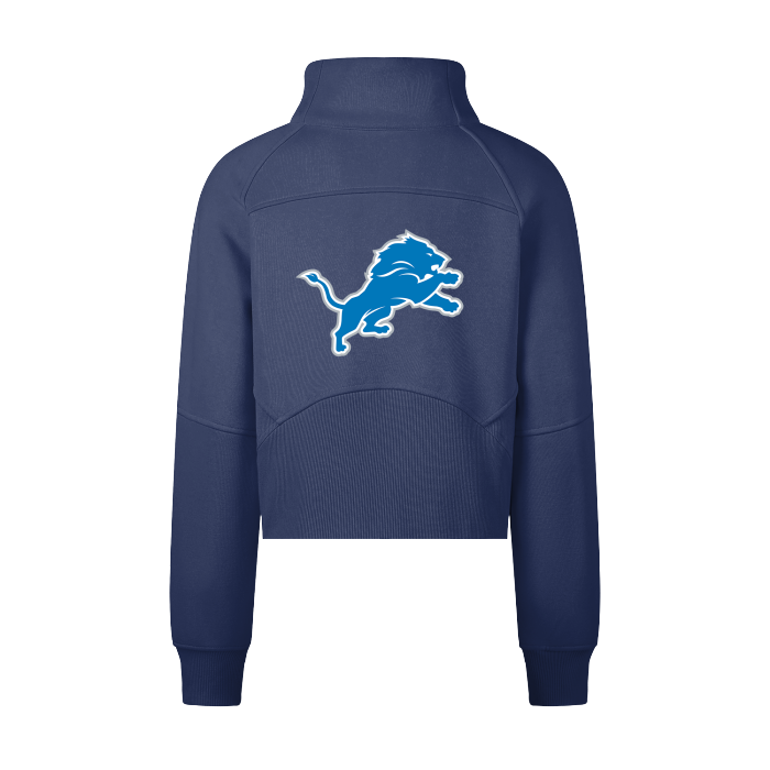 Detroit Lions FearlessLI Cropped Half-Zip Hoodie in navy blue with team logo on back.