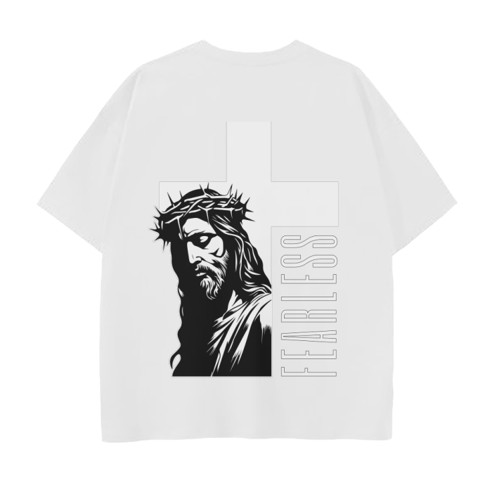 FearLessLI Drop Shoulder T-shirt with religious graphic, unisex design, relaxed fit.