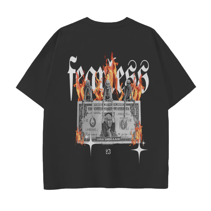 FearLessLi Hustle Drop Down T-Shirt with trendy design and flaming dollar graphic.