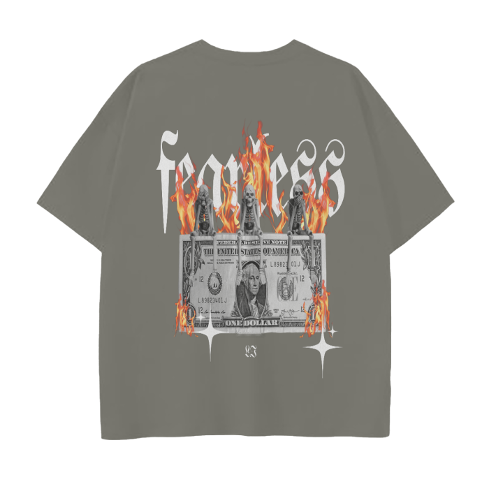 FearLessLi Hustle Drop Down T-Shirt with bold graphic design featuring flames and currency.