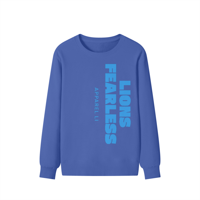 Lions FearLess Apparel Li Classic Sweater in blue with bold vertical text.