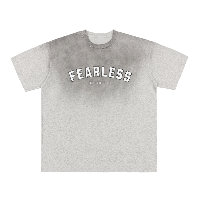 FearLessLI Vintage Washed Aged Gradient Frayed T-Shirt with gray gradient and frayed details.