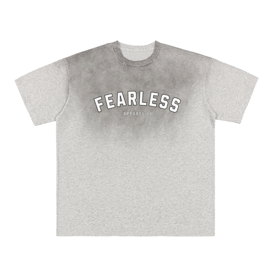 FearLessLI Vintage Washed Aged Gradient Frayed T-Shirt with gray gradient and frayed details.