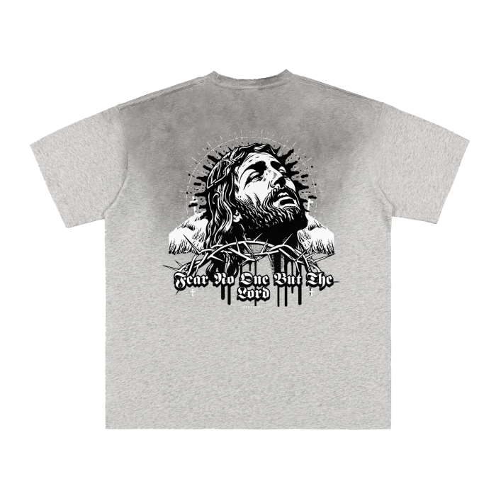 FearLessLI Vintage Washed Aged Gradient Frayed T-Shirt with Jesus print and bold lettering.