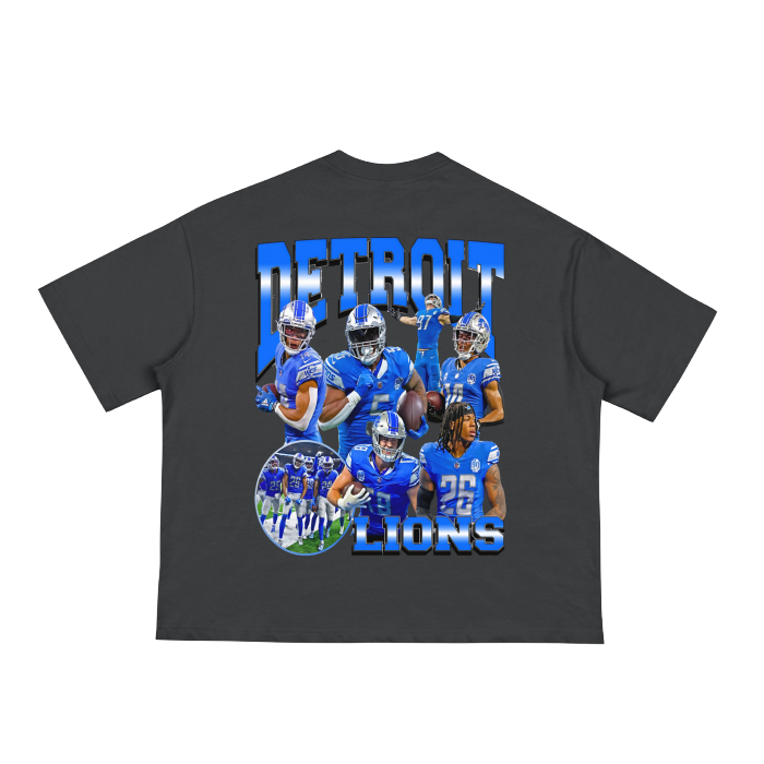 Detroit Lions Fearless Line Boxy T-shirt with logo and "Fear Less" slogan.