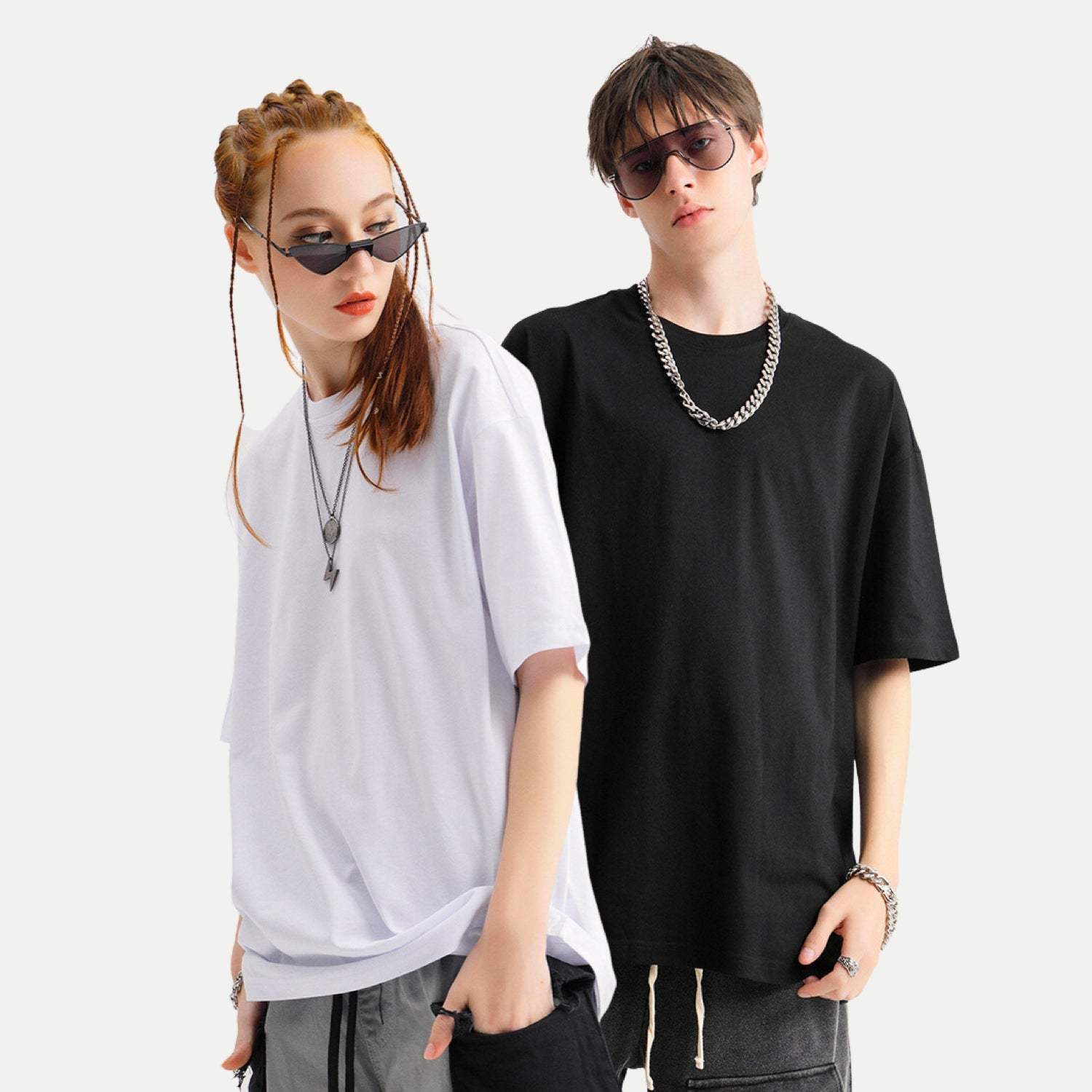 FearLessLi Streetwear Oversized T-Shirt in black and white worn by models.
