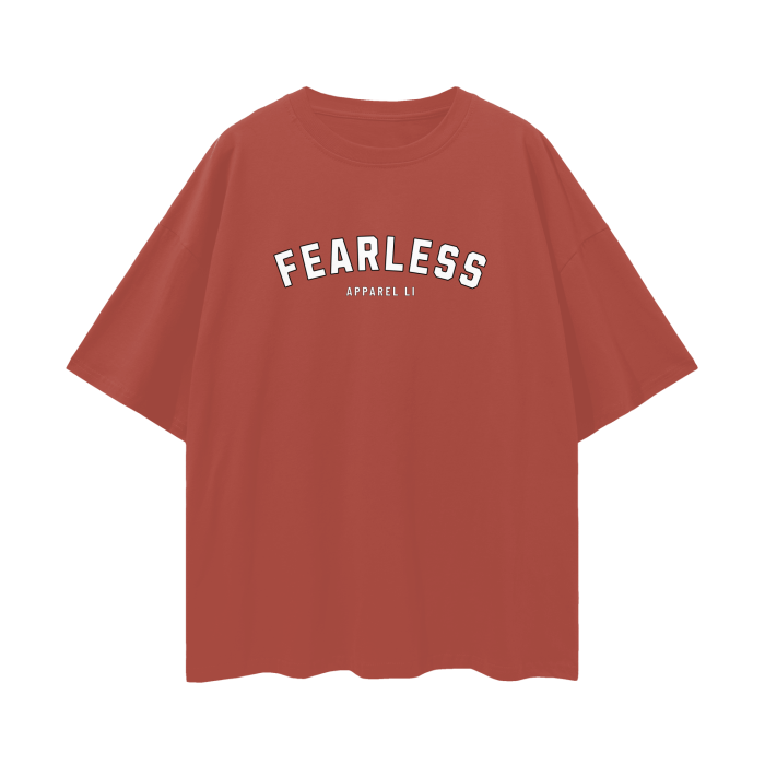 Red FearLessLI T-shirt with "FEARLESS" text, representing fearless defender theme.