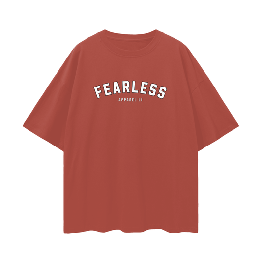 Red FearLessLI T-shirt with "FEARLESS" text, representing fearless defender theme.