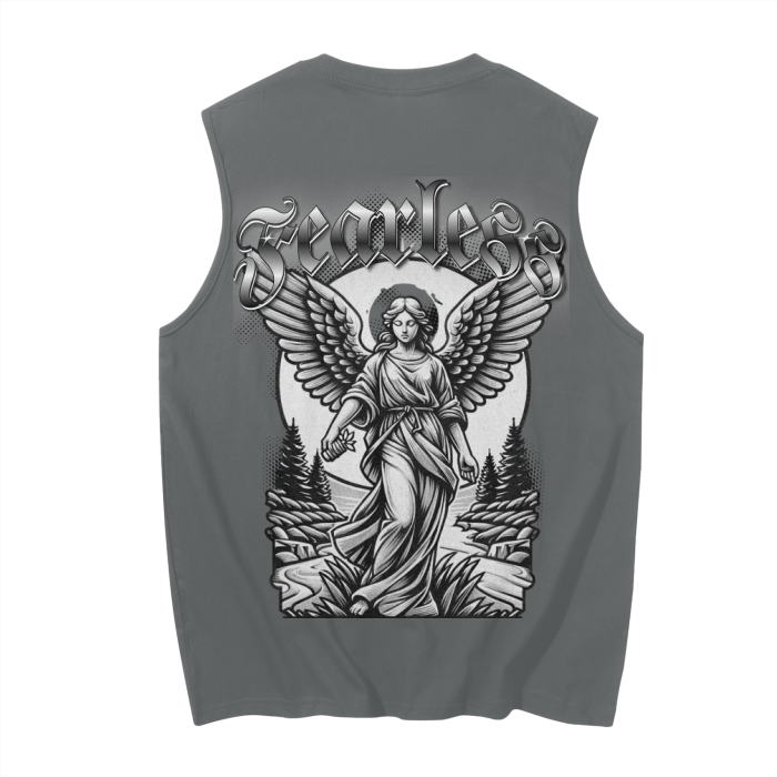 FearLessLI Angel Sleeveless Tank Top showcasing an angel design on the back, ideal for workouts.