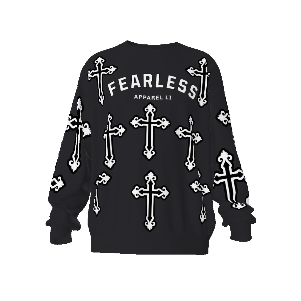 FearLessLI Streetwear oversized sweatshirt with cross designs and "Fearless Apparel LI" text on a black background.