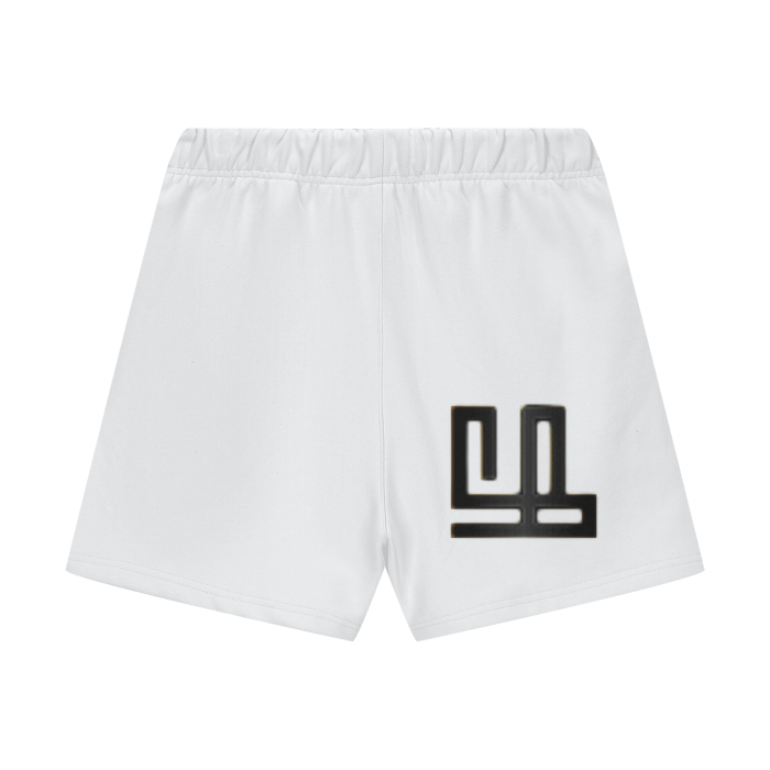 FearLessLi Fleece Shorts in white with black logo, designed for comfort and moisture-wicking performance.