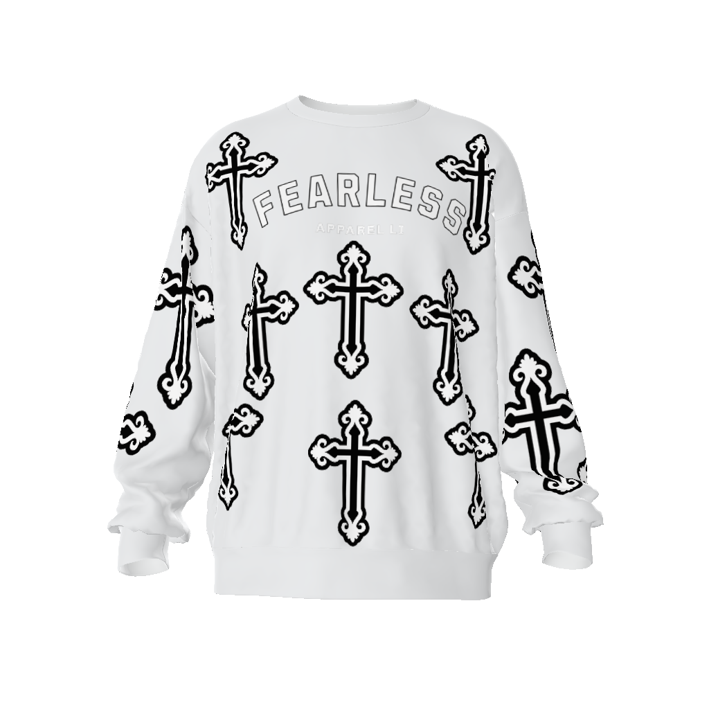 FearLessLI Streetwear oversized sweatshirt with cross design, white color, back view.