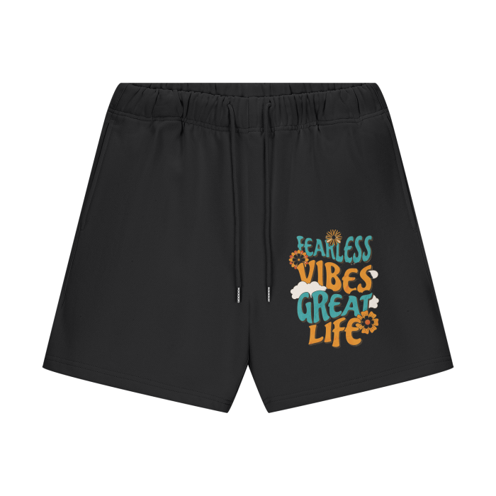 FearLessLi Fleece Shorts with motivational print on black fabric.
