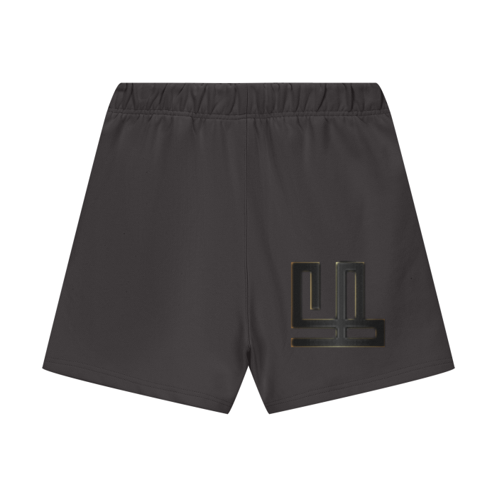 FearLessLi Fleece Shorts in dark grey with logo, offering comfort and moisture-wicking for workouts.