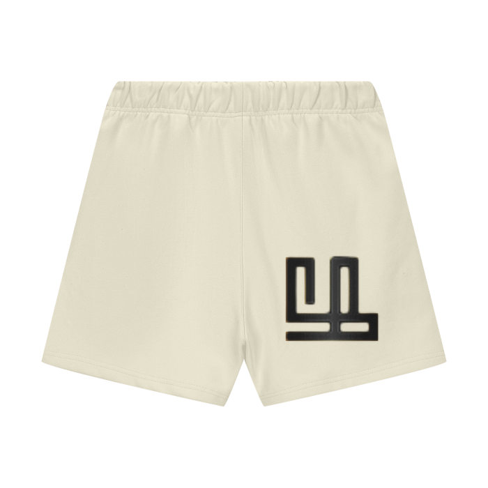 FearLessLi Fleece Shorts in beige with black logo, ideal for high-performance workouts.