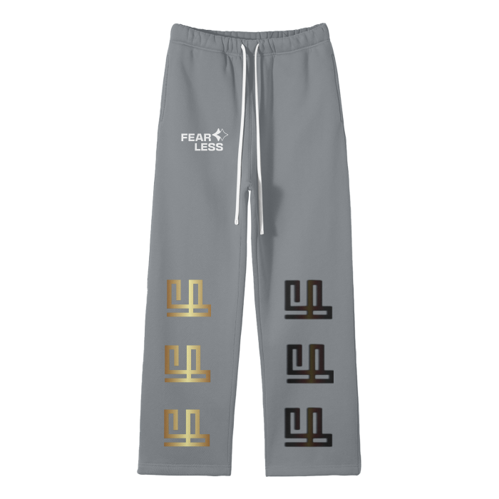 FearLessLi Fleece Streetwear Pants in gray with logo and graphic design.