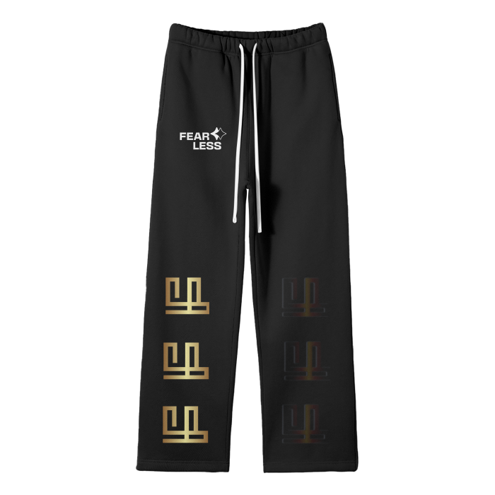 FearLessLi Fleece Streetwear Pants, straight fit, black with logo and gold accents.