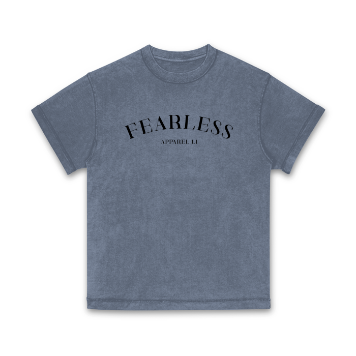 FearLessli Apparel unisex top stitching stone wash T-shirt with bold design on gray fabric.